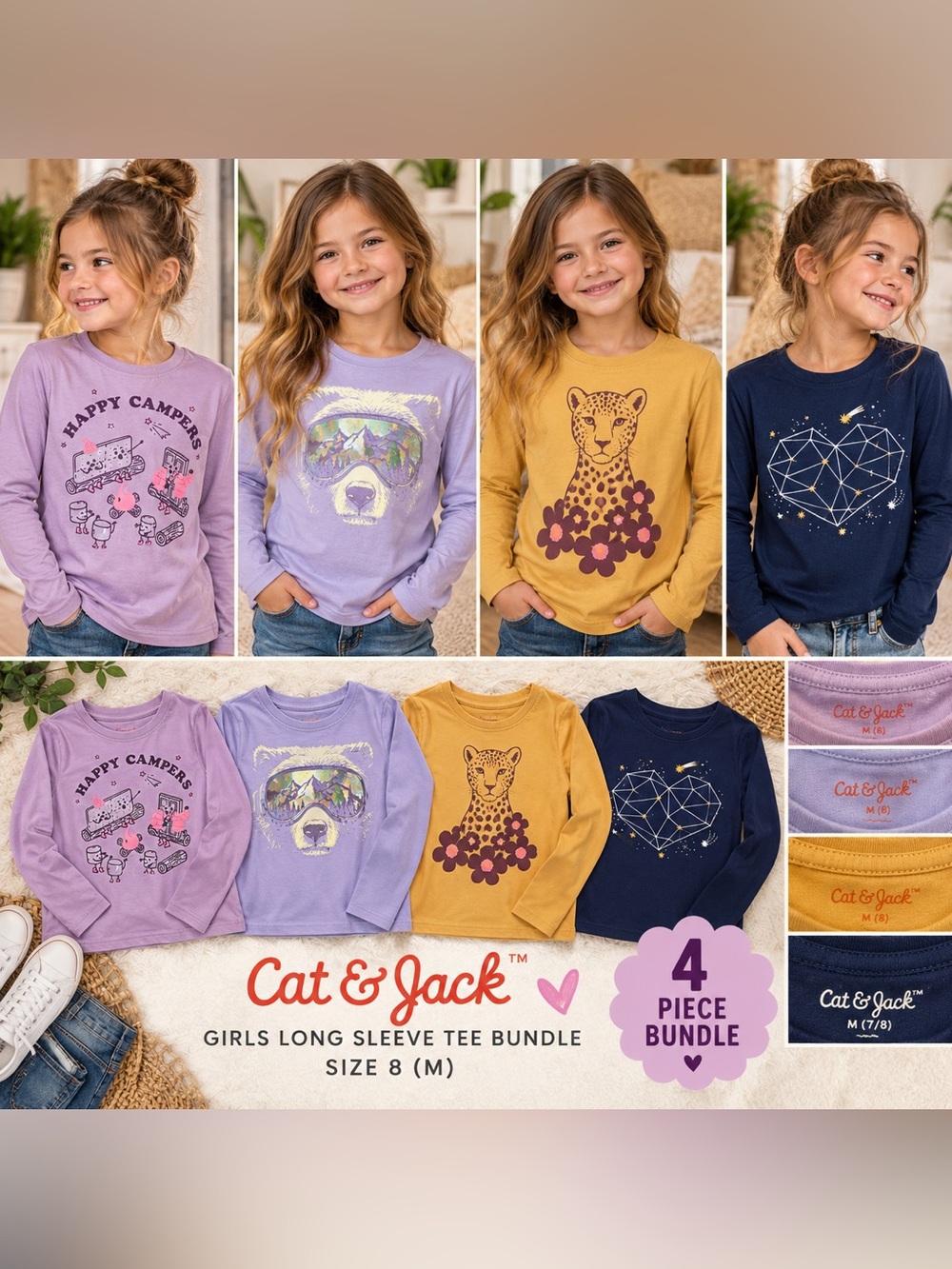Cat & Jack Girls Long Sleeve Graphic Tees - Lavender, Mustard, Navy, Soft Purple